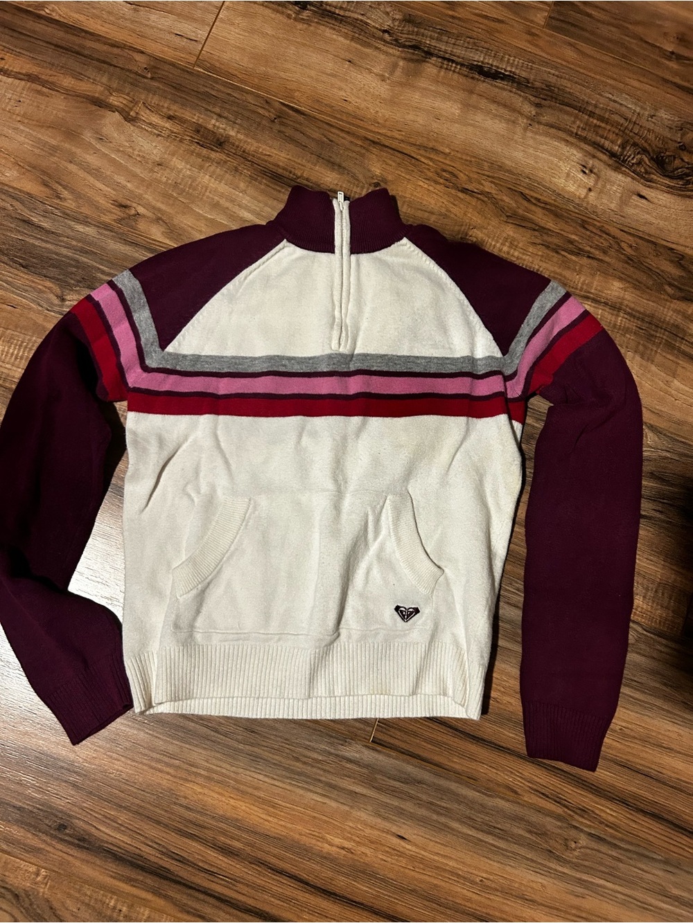 Vintage Roxy QuicksilverQuarter-Zip Sweater in Cream & Burgundy with Pink Accent